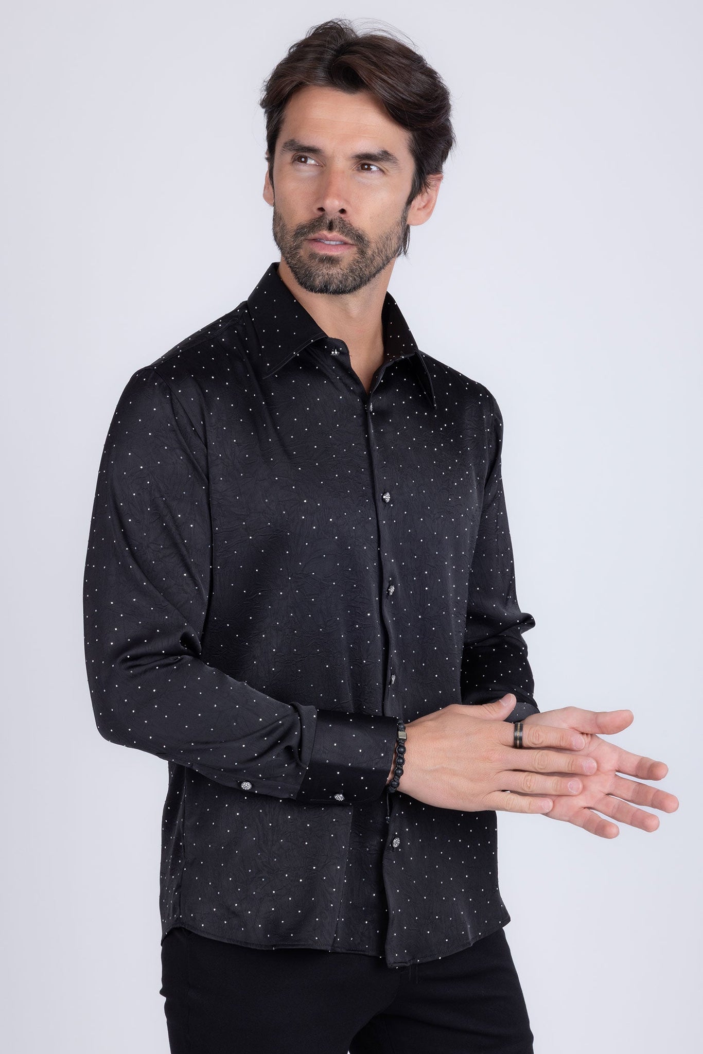 Barabas Wholesale Men's Rhinestones Textured Long Sleeve Shirts 5B12 Black Silver