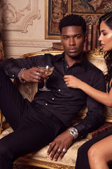 Barabas Wholesale Men's Rhinestones Textured Long Sleeve Shirts 5B12 Black Silver