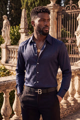 Barabas Wholesale Men's Rhinestones Textured Long Sleeve Shirts 5B12 Navy Silver