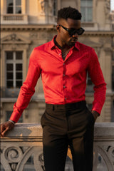 Barabas Wholesale Men's Rhinestones Textured Long Sleeve Shirts 5B12 Red Silver