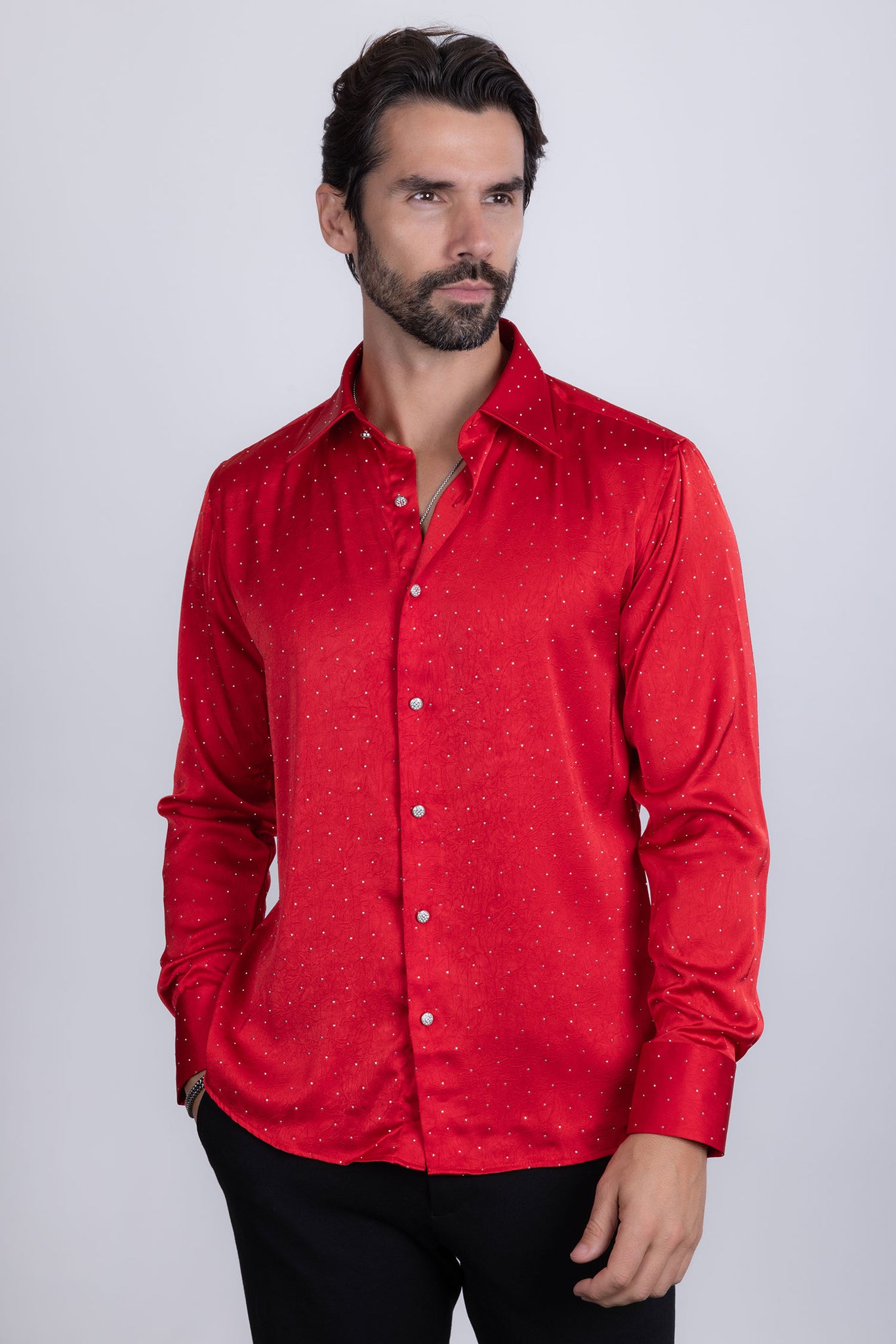 Barabas Wholesale Men's Rhinestones Textured Long Sleeve Shirts 5B12 Red