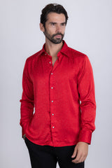 Barabas Wholesale Men's Rhinestones Textured Long Sleeve Shirts 5B12 Red Silver
