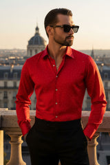 Barabas Wholesale Men's Rhinestones Textured Long Sleeve Shirts 5B12 Red Silver