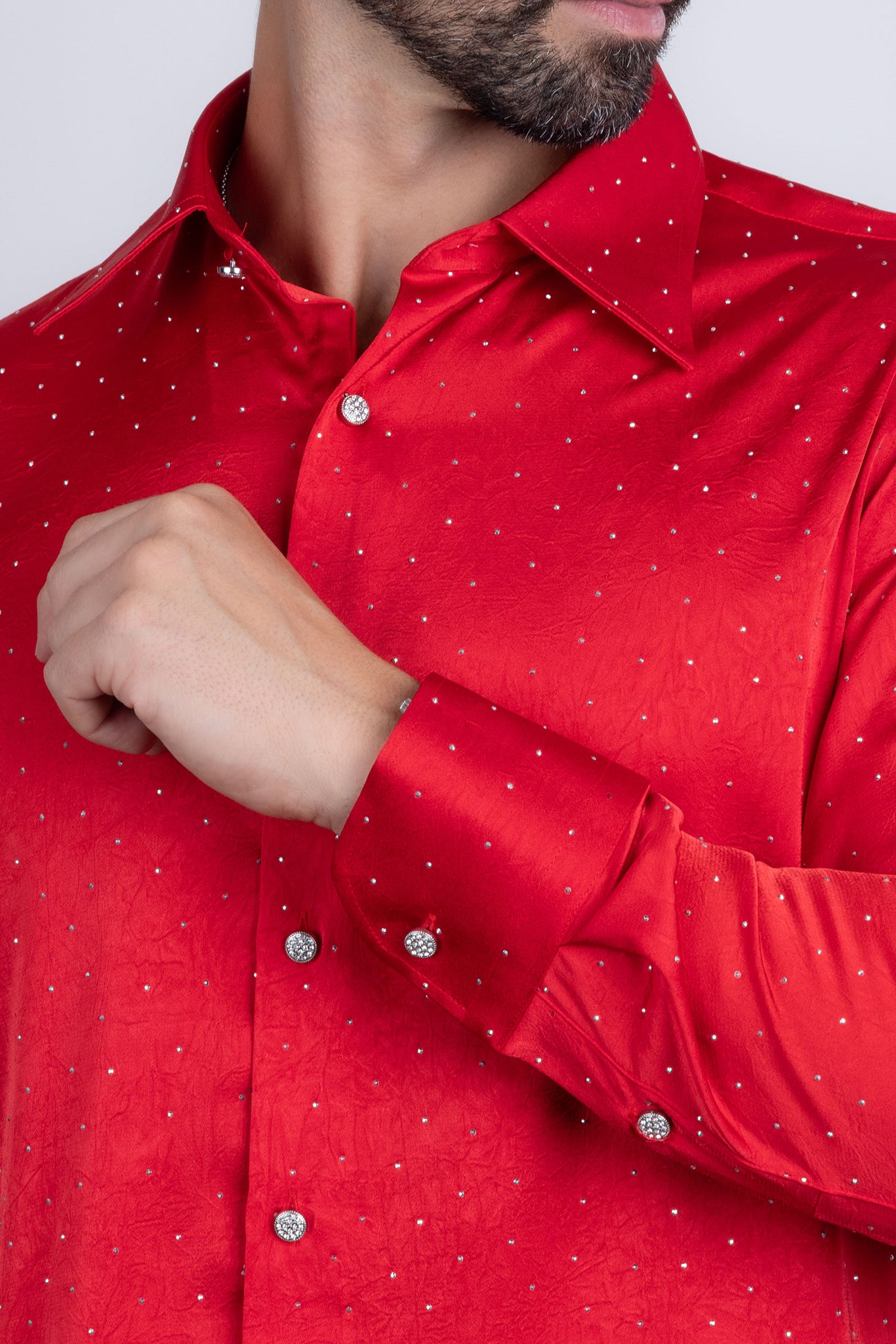 Barabas Wholesale Men's Rhinestones Textured Long Sleeve Shirts 5B12 Red