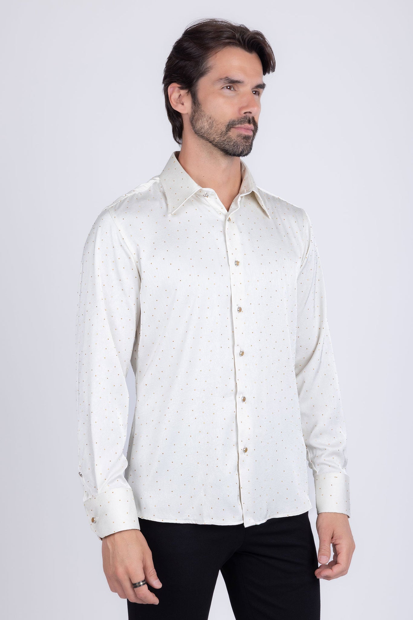 Barabas Wholesale Men's Rhinestones Textured Long Sleeve Shirts 5B12 White Gold