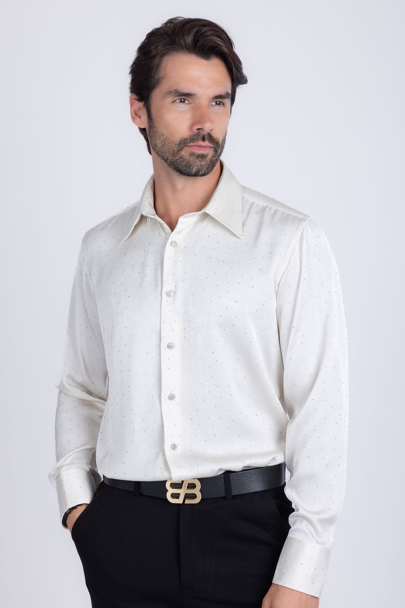 Barabas Wholesale Men's Rhinestones Textured Long Sleeve Shirts 5B12 White Silver