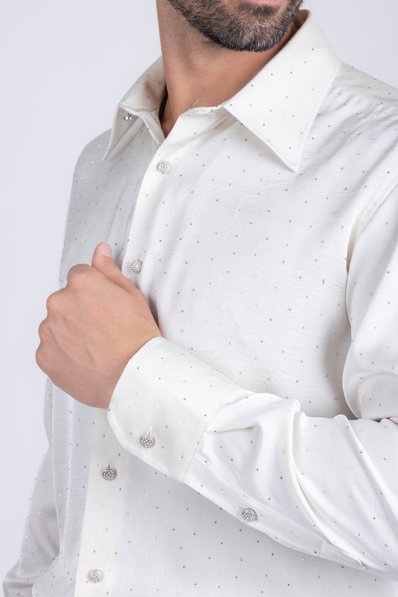 Barabas Wholesale Men's Rhinestones Textured Long Sleeve Shirts 5B12 White Silver