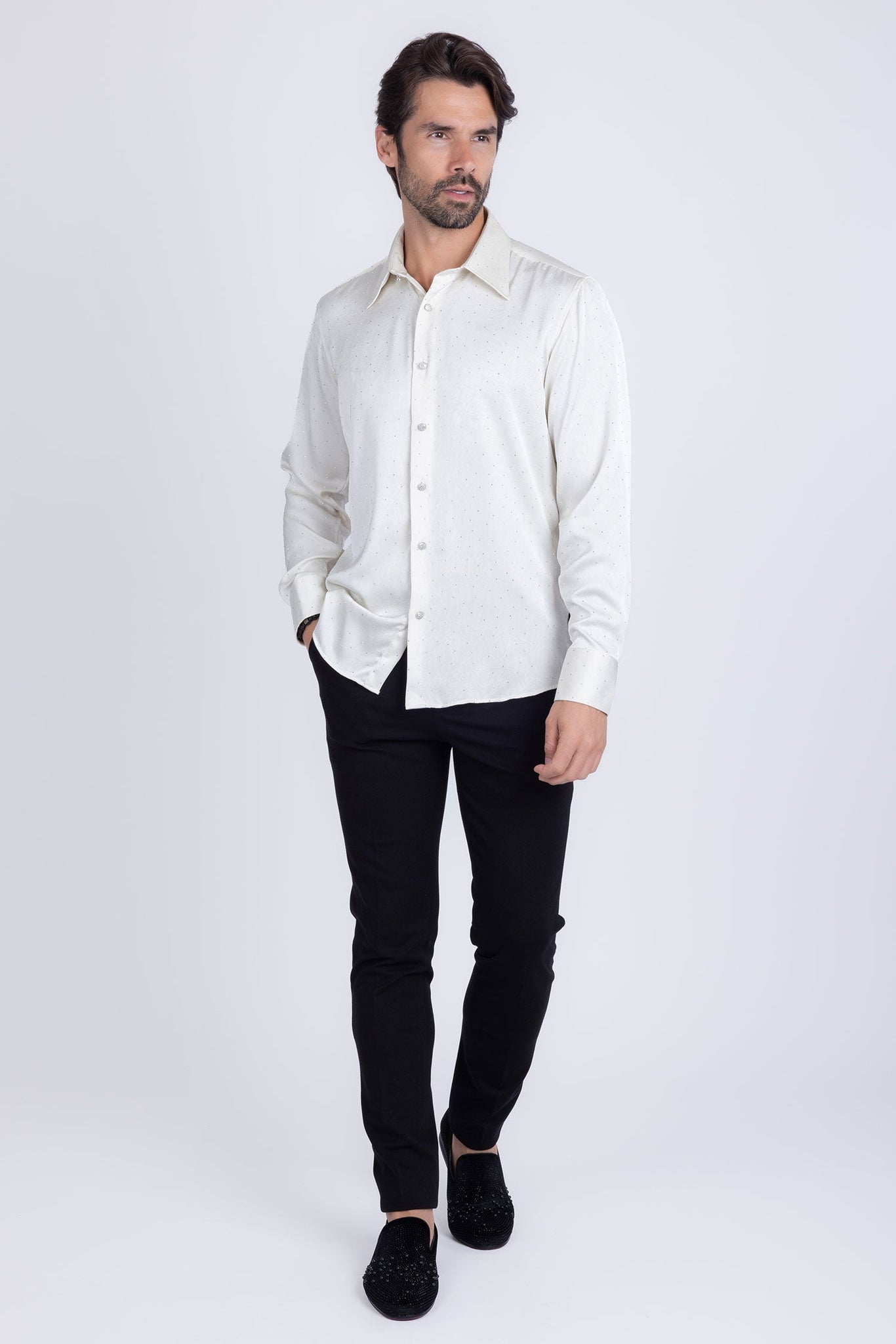 Barabas Wholesale Men's Rhinestones Textured Long Sleeve Shirts 5B12 White Silver
