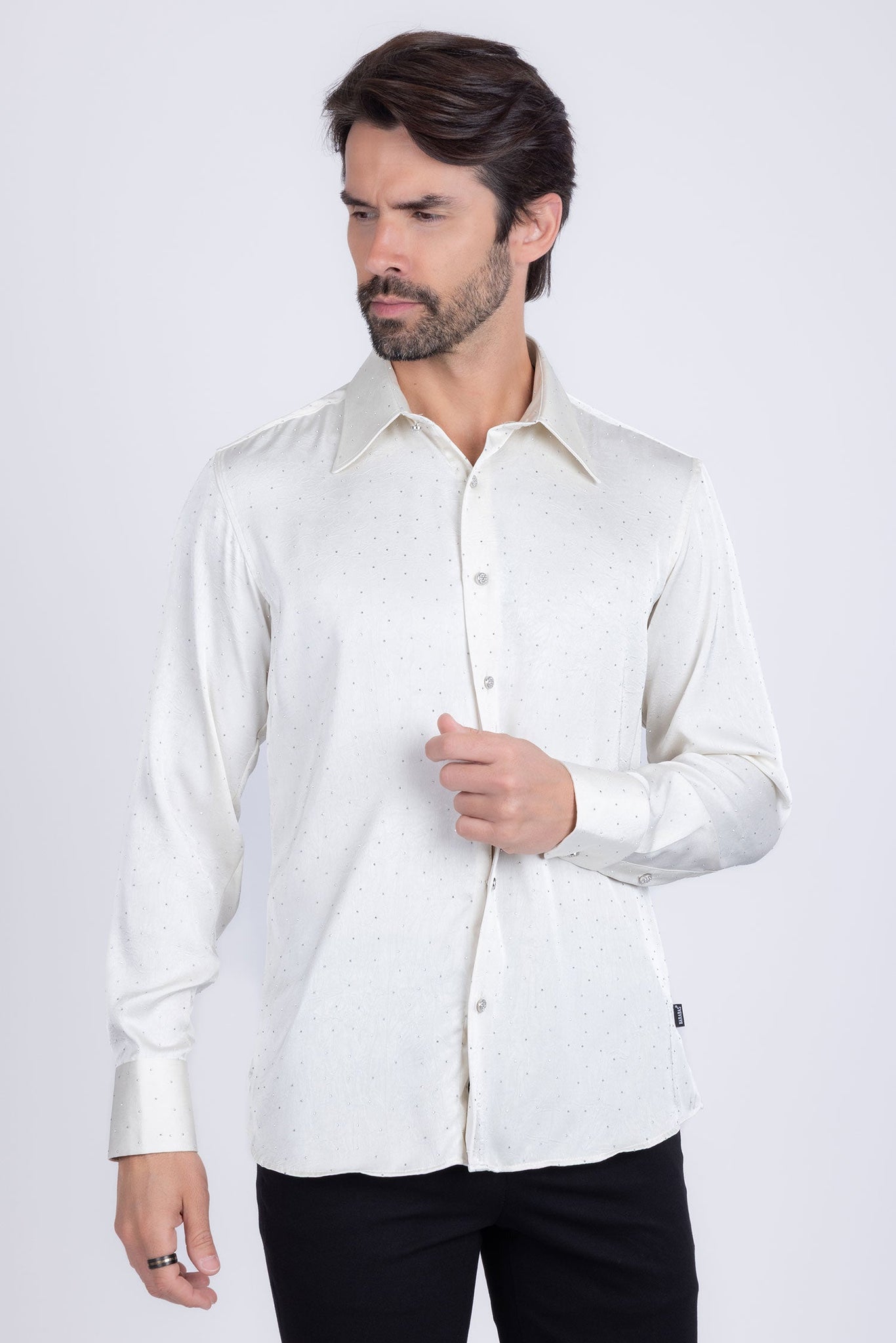 Barabas Wholesale Men's Rhinestones Textured Long Sleeve Shirts 5B12 White Silver
