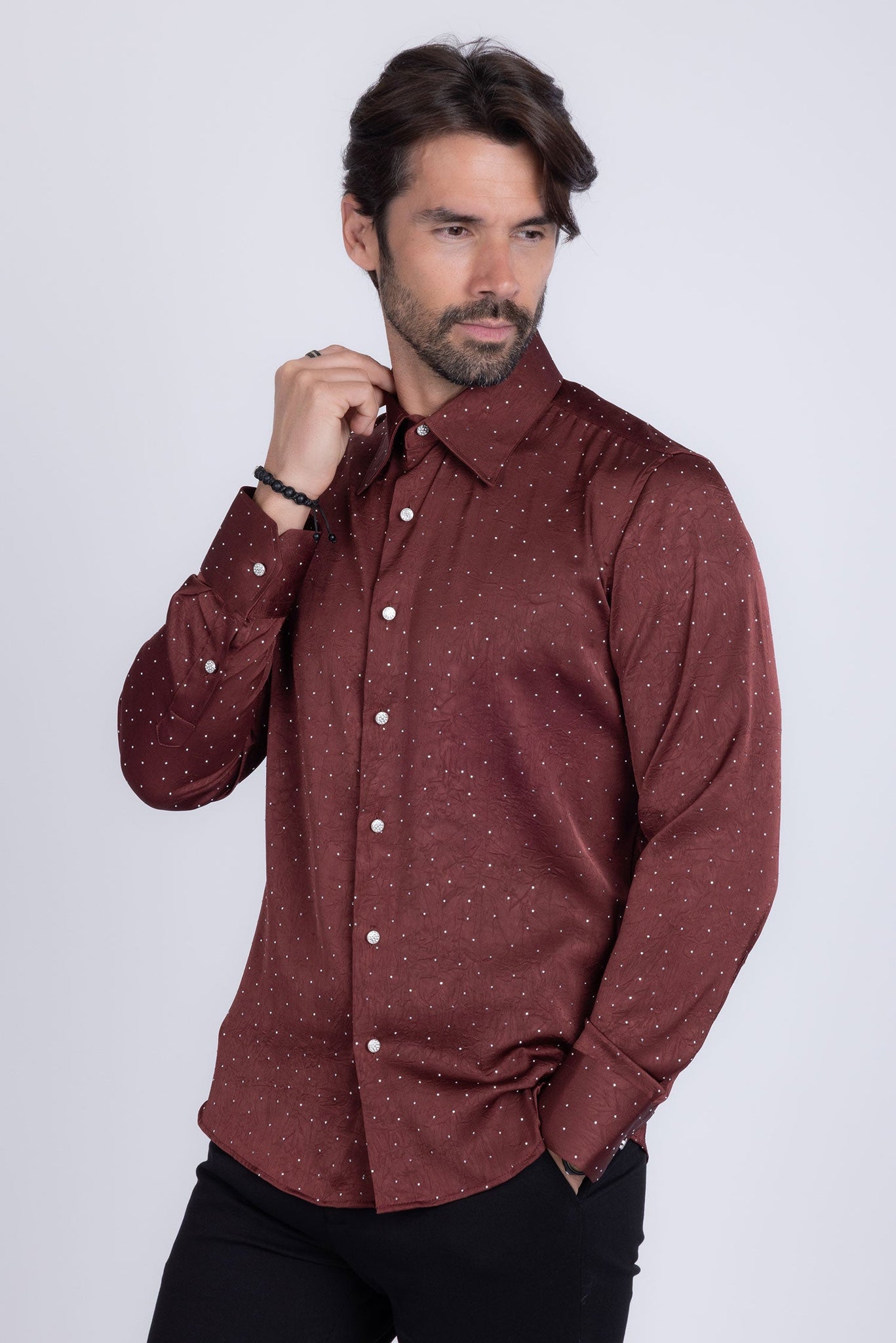 Barabas Wholesale Men's Rhinestones Textured Long Sleeve Shirts 5B12 Wine Silver