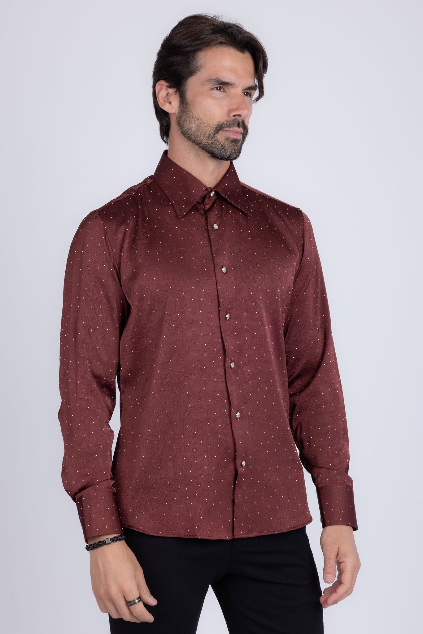 Barabas Wholesale Men's Rhinestones Textured Long Sleeve Shirts 5B12 Wine Silver