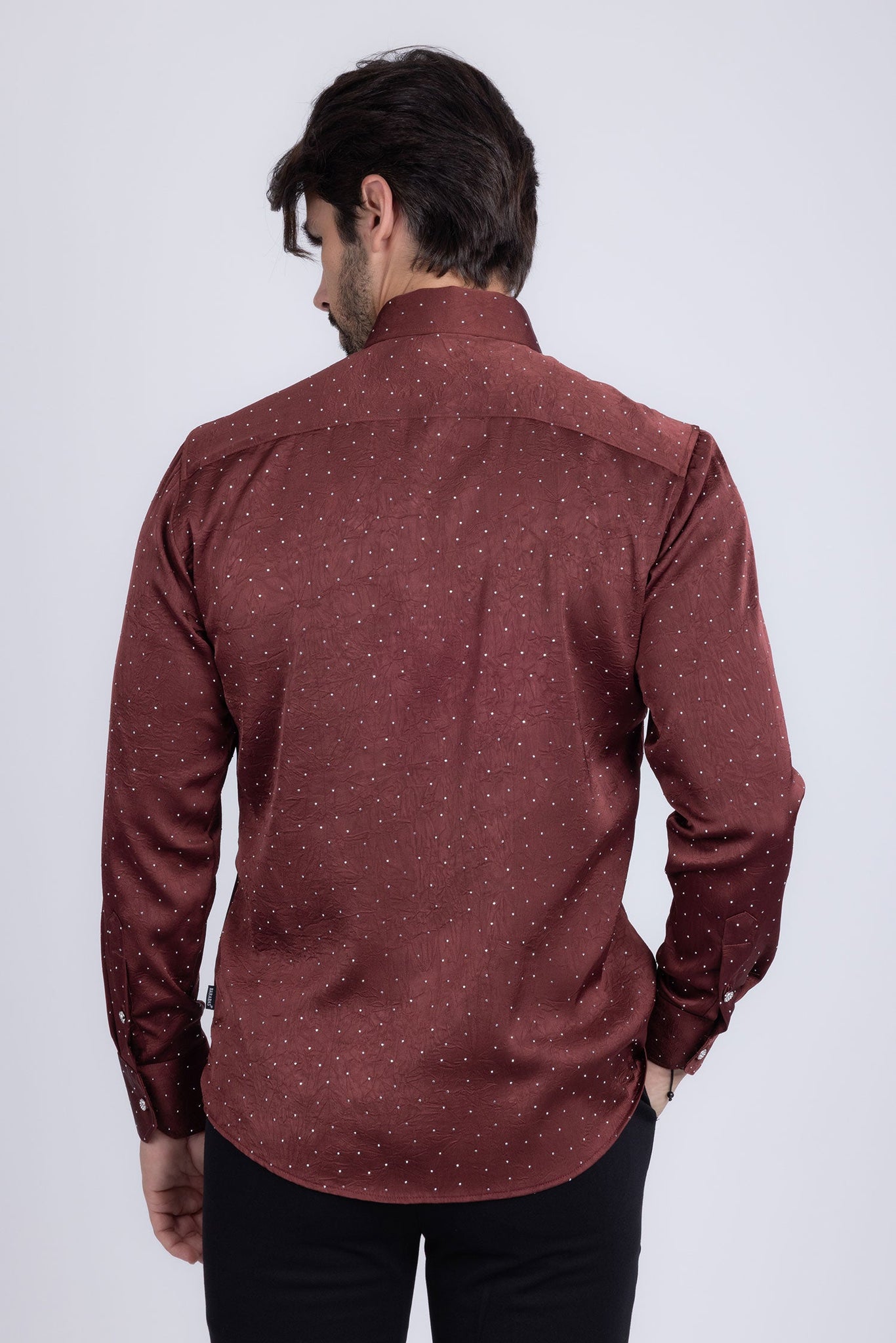 Barabas Wholesale Men's Rhinestones Textured Long Sleeve Shirts 5B12 Wine Silver