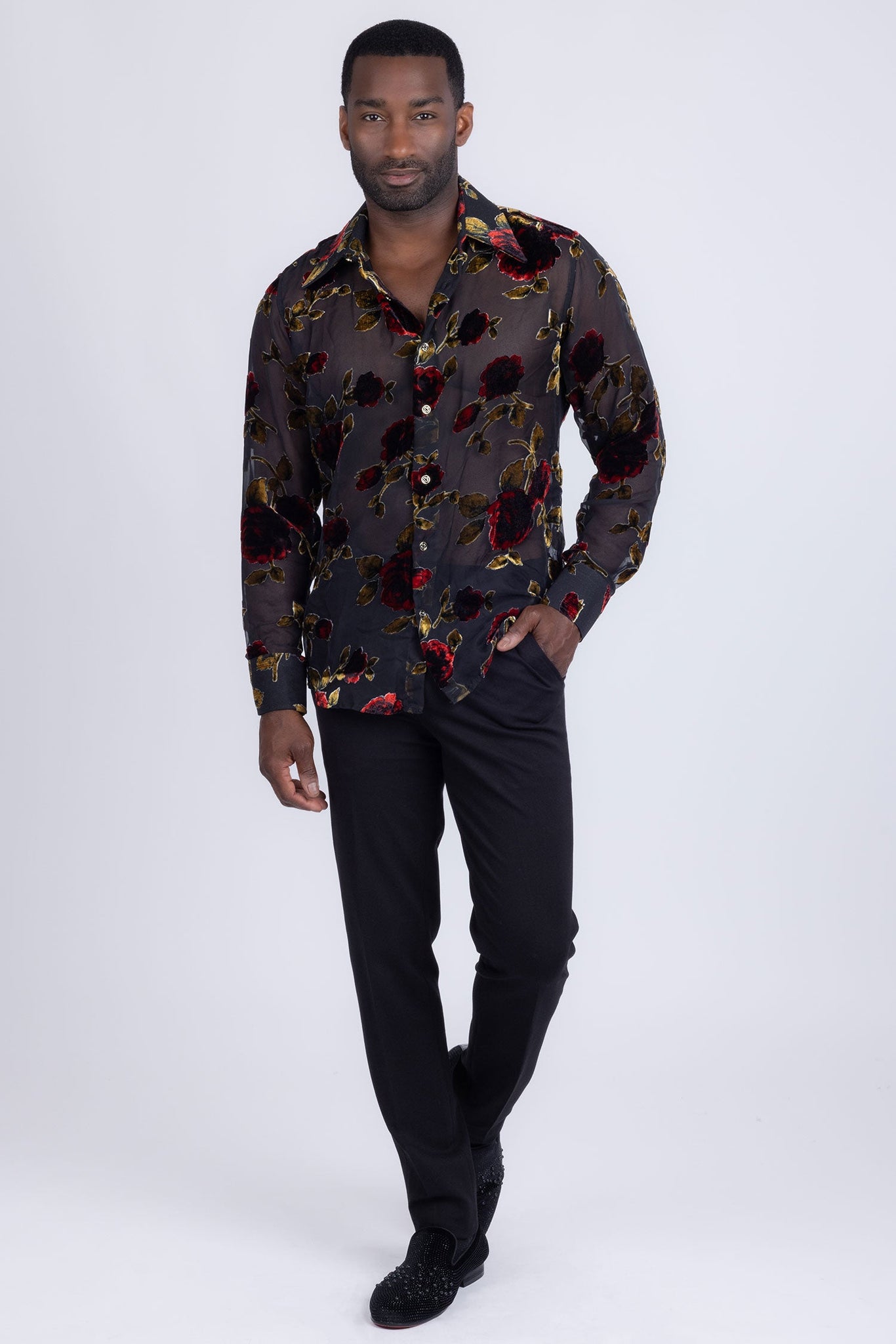 Barabas Wholesale Men's See Through Floral Pattern Long Sleeve Shirts 5B16 Black