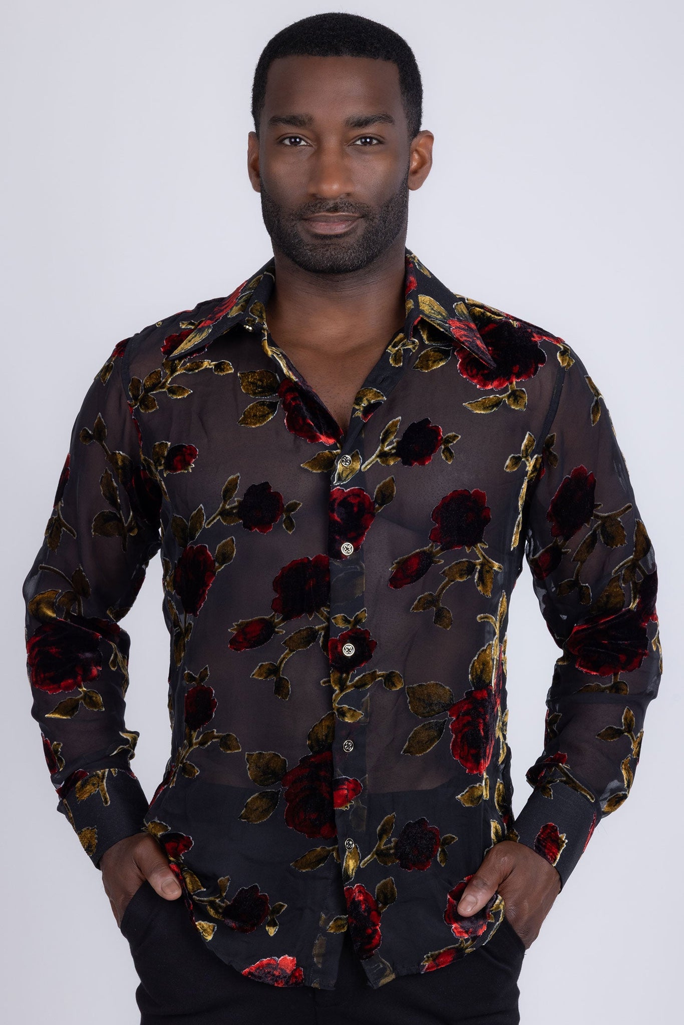 Barabas Wholesale Men's See Through Floral Pattern Long Sleeve Shirts 5B16 Black