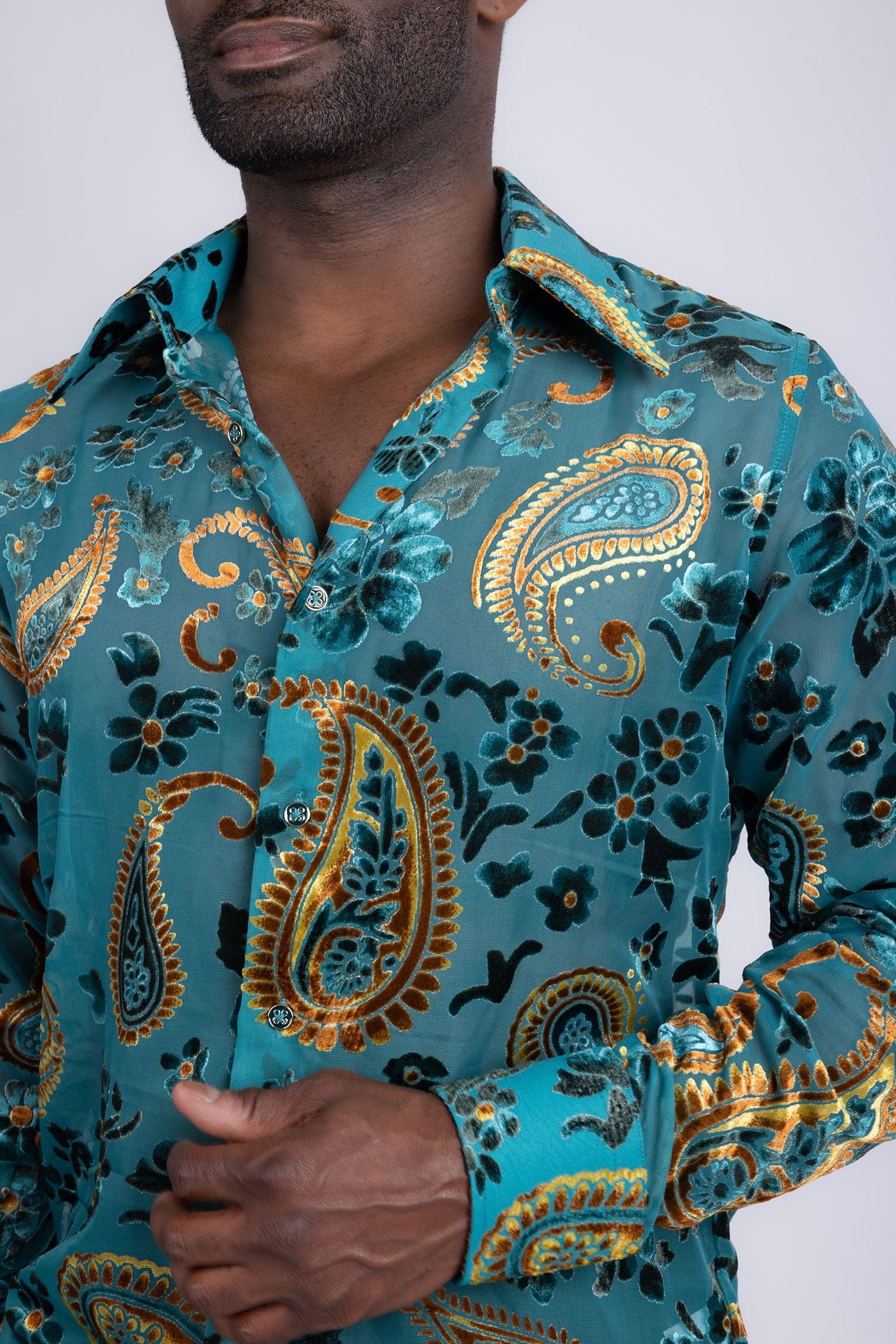 Barabas Wholesale Men's See Through Paisley Textured Long Sleeve Shirts 5B17 Blue