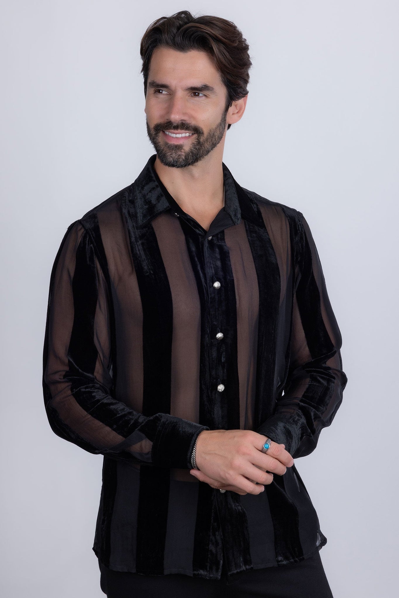Barabas Wholesale Men's See Through Velvet Long Sleeve Shirts 5B19 Black