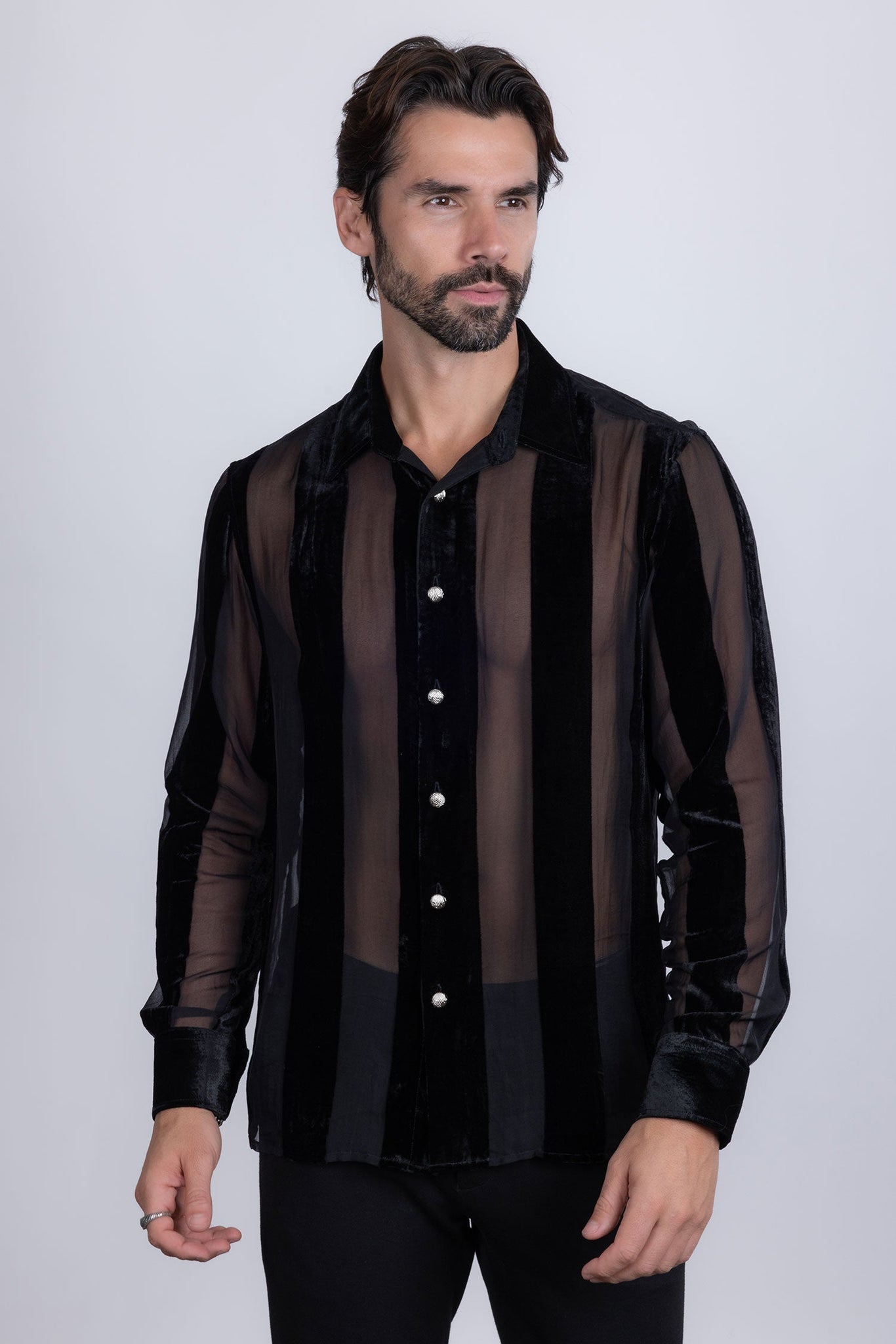 Barabas Wholesale Men's See Through Velvet Long Sleeve Shirts 5B19 Black