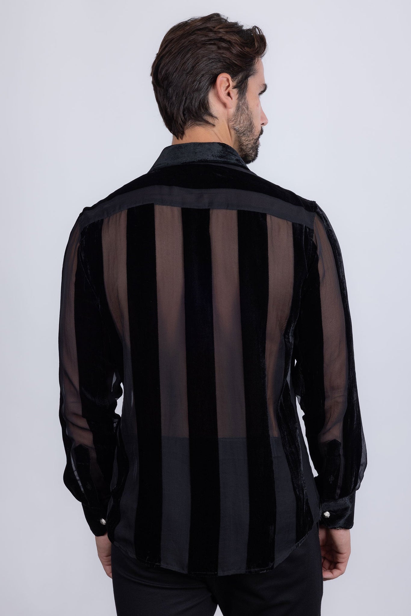 Barabas Wholesale Men's See Through Velvet Long Sleeve Shirts 5B19 Black