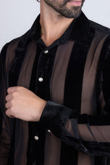 Barabas Wholesale Men's See Through Velvet Long Sleeve Shirts 5B19 Black