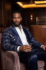 Barabas Wholesale Men's Sequin Geometric Shiny Design Shawl Lapel Blazer 5BL04 Navy Silver