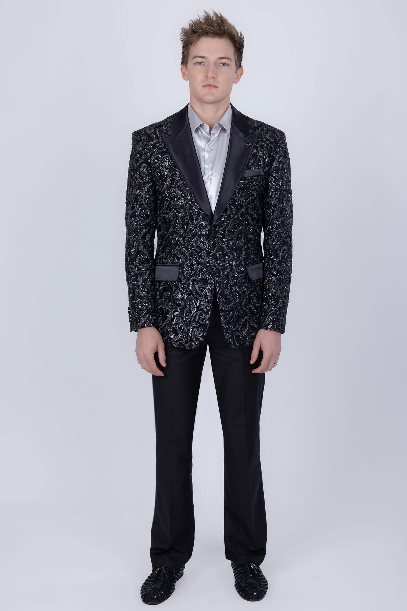 Barabas Wholesale Men's Sequins Paisley Design Luxury Peak Lapel Blazer 5BL06 Black