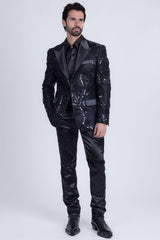 Barabas Wholesale Men's Floral Shiny Sequin Design Peak Lapel Blazer 5BL07 Black