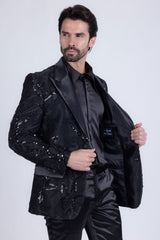 Barabas Wholesale Men's Floral Shiny Sequin Design Peak Lapel Blazer 5BL07 Black Silver