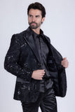Barabas Wholesale Men's Floral Shiny Sequin Design Peak Lapel Blazer 5BL07 Black Silver