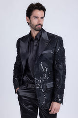 Barabas Wholesale Men's Floral Shiny Sequin Design Peak Lapel Blazer 5BL07 Black