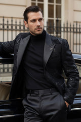 Barabas Wholesale Men's Floral Shiny Sequin Design Peak Lapel Blazer 5BL07 Black Silver