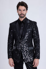 Barabas Wholesale Men's Floral Sequin Embroidered Design Peak Lapel Blazer 5BL09 Black