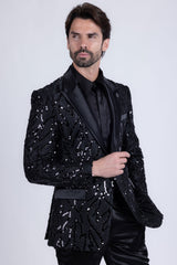 Barabas Wholesale Men's Floral Sequin Embroidered Design Peak Lapel Blazer 5BL09 Black