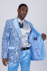 Barabas Wholesale Men's Floral Sequin Embroidered Design Peak Lapel Blazer 5BL09 Sky Blue