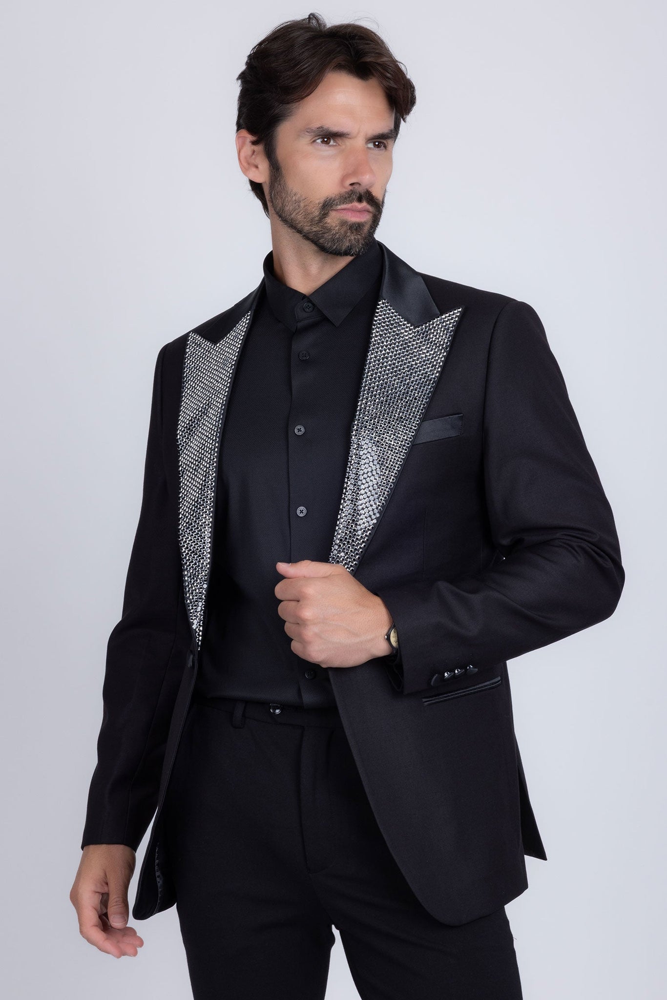 Barabas Wholesale Men's Rhinestone Geometric Design Peak Lapel Blazer 5BL12 Black