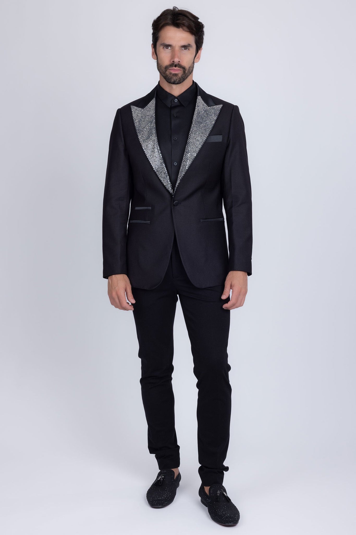 Barabas Wholesale Men's Rhinestone Geometric Design Peak Lapel Blazer 5BL12 Black