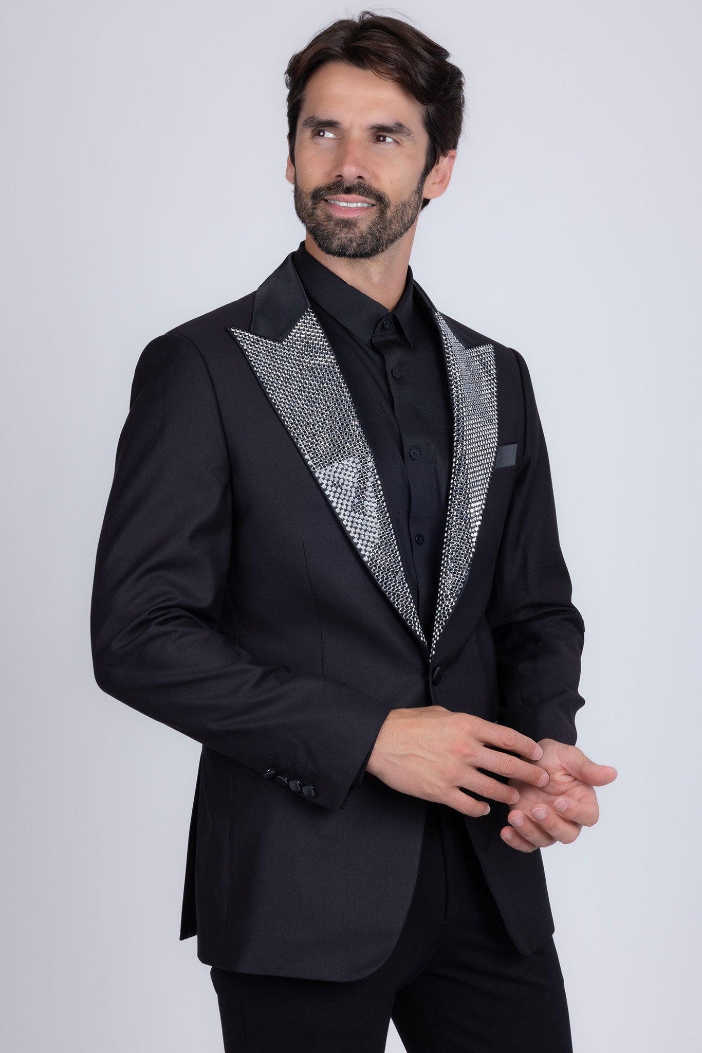 Barabas Wholesale Men's Rhinestone Geometric Design Peak Lapel Blazer 5BL12 Black