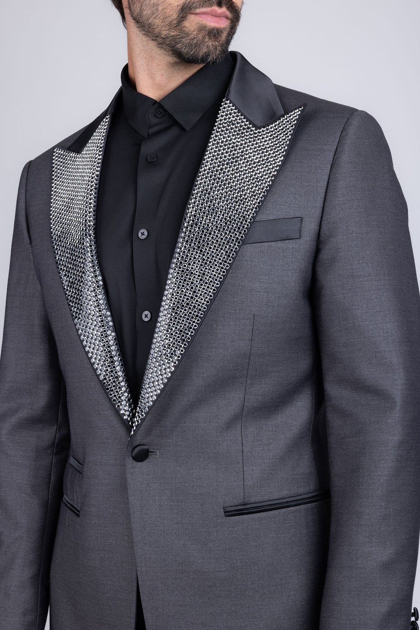 Barabas Wholesale Men's Rhinestone Geometric Design Peak Lapel Blazer 5BL12 Grey