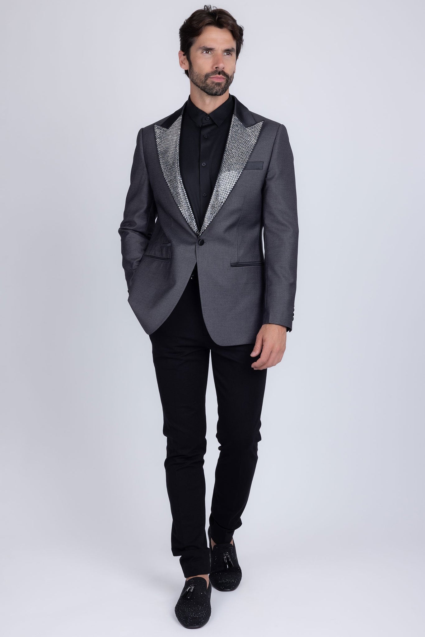 Barabas Wholesale Men's Rhinestone Geometric Design Peak Lapel Blazer 5BL12 Grey