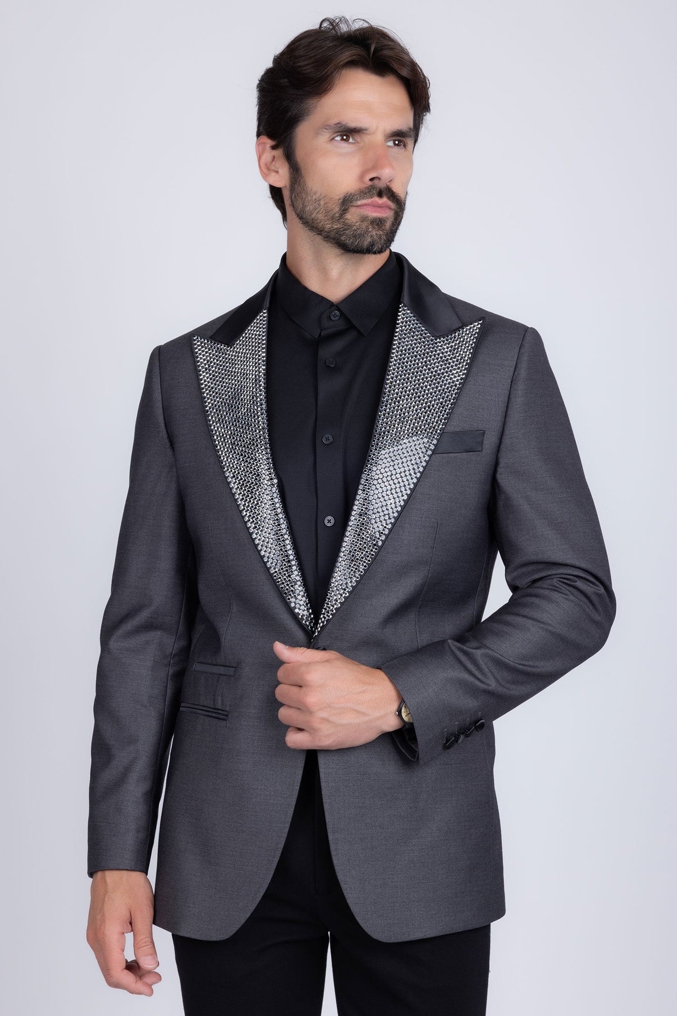 Barabas Wholesale Men's Rhinestone Geometric Design Peak Lapel Blazer 5BL12 Charcoal