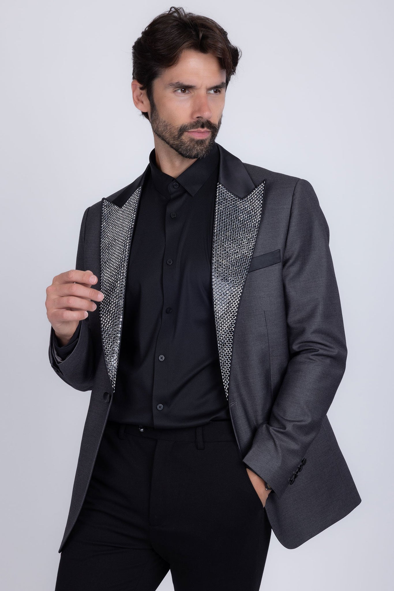 Barabas Wholesale Men's Rhinestone Geometric Design Peak Lapel Blazer 5BL12 Charcoal