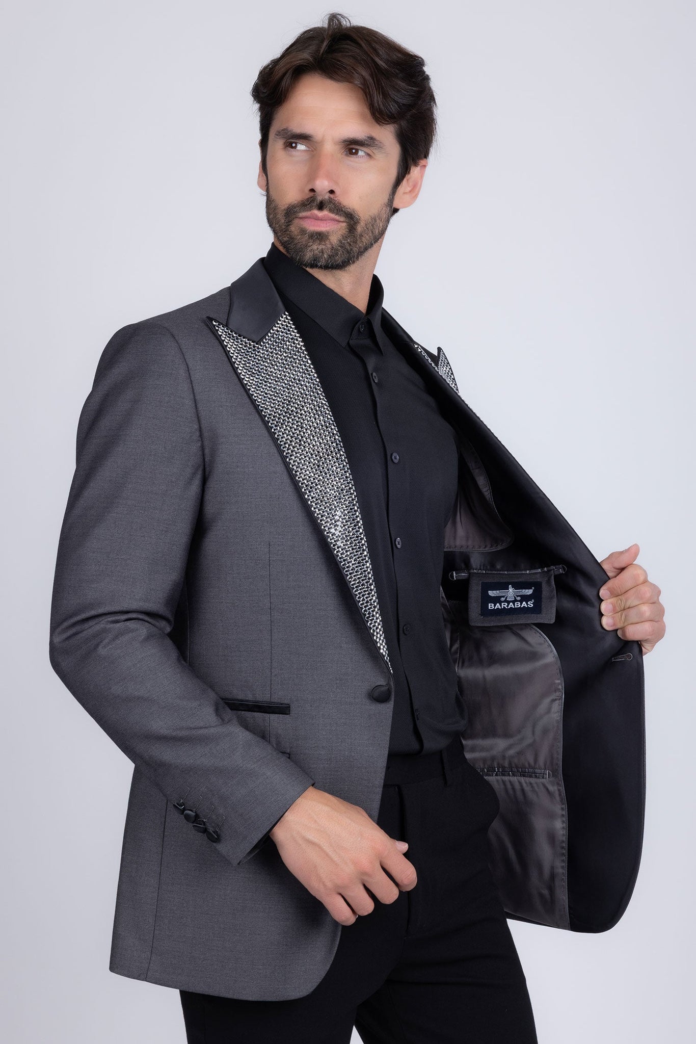 Barabas Wholesale Men's Rhinestone Geometric Design Peak Lapel Blazer 5BL12 Grey