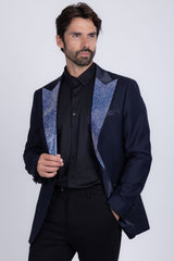 Barabas Wholesale Men's Rhinestone Geometric Design Peak Lapel Blazer 5BL12 Navy
