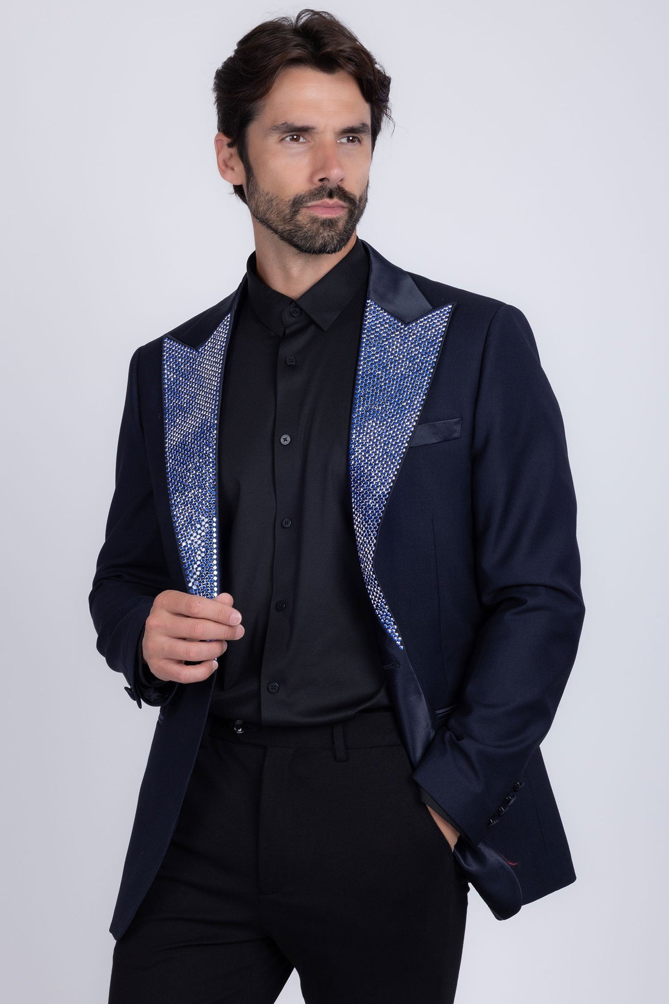Barabas Wholesale Men's Rhinestone Geometric Design Peak Lapel Blazer 5BL12 Navy