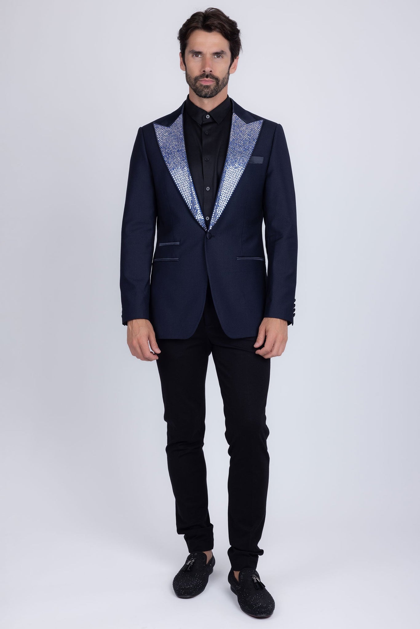 Barabas Wholesale Men's Rhinestone Geometric Design Peak Lapel Blazer 5BL12 Navy