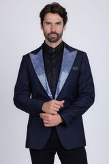 Barabas Wholesale Men's Rhinestone Geometric Design Peak Lapel Blazer 5BL12 Navy