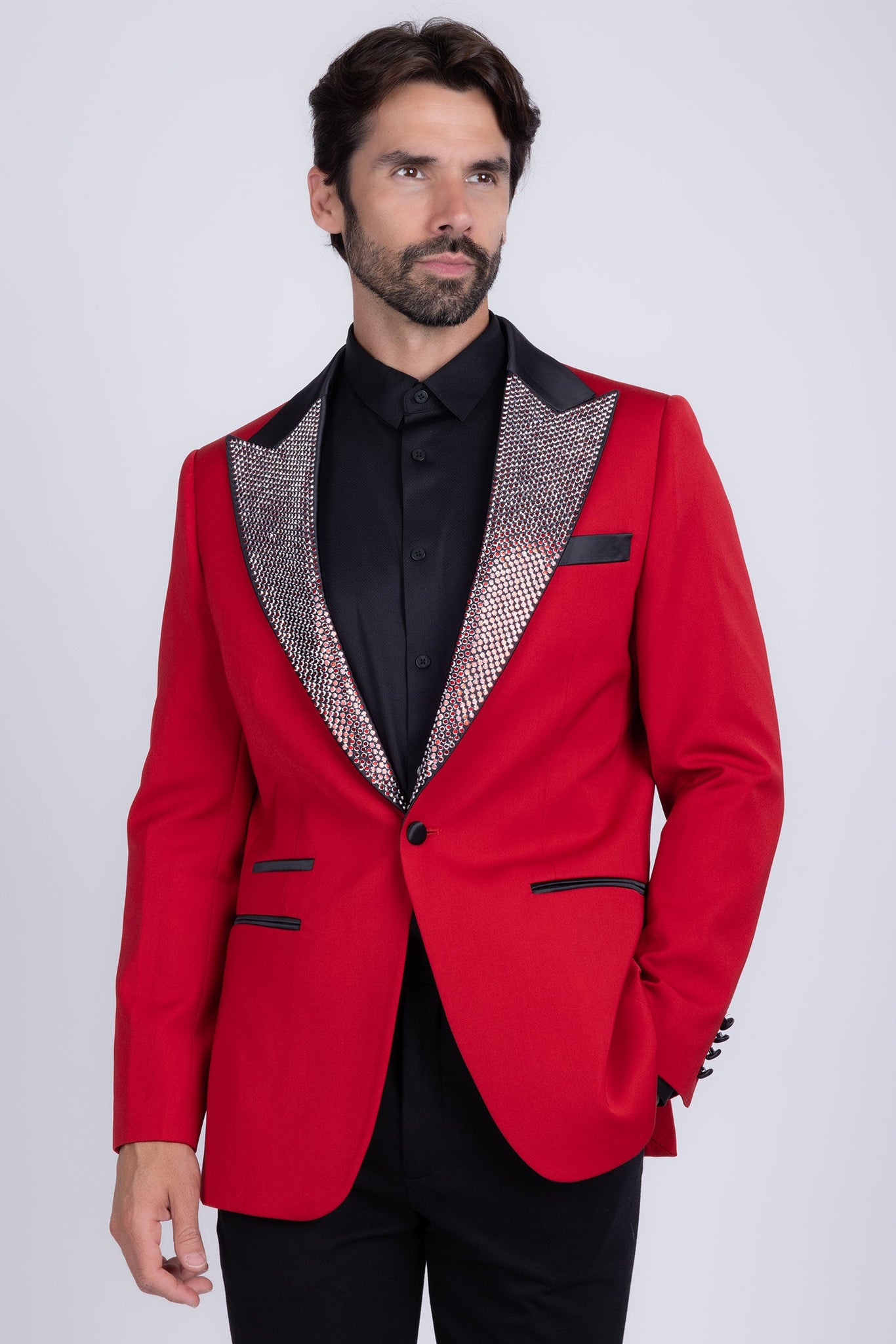 Barabas Wholesale Men's Rhinestone Geometric Design Peak Lapel Blazer 5BL12 Red
