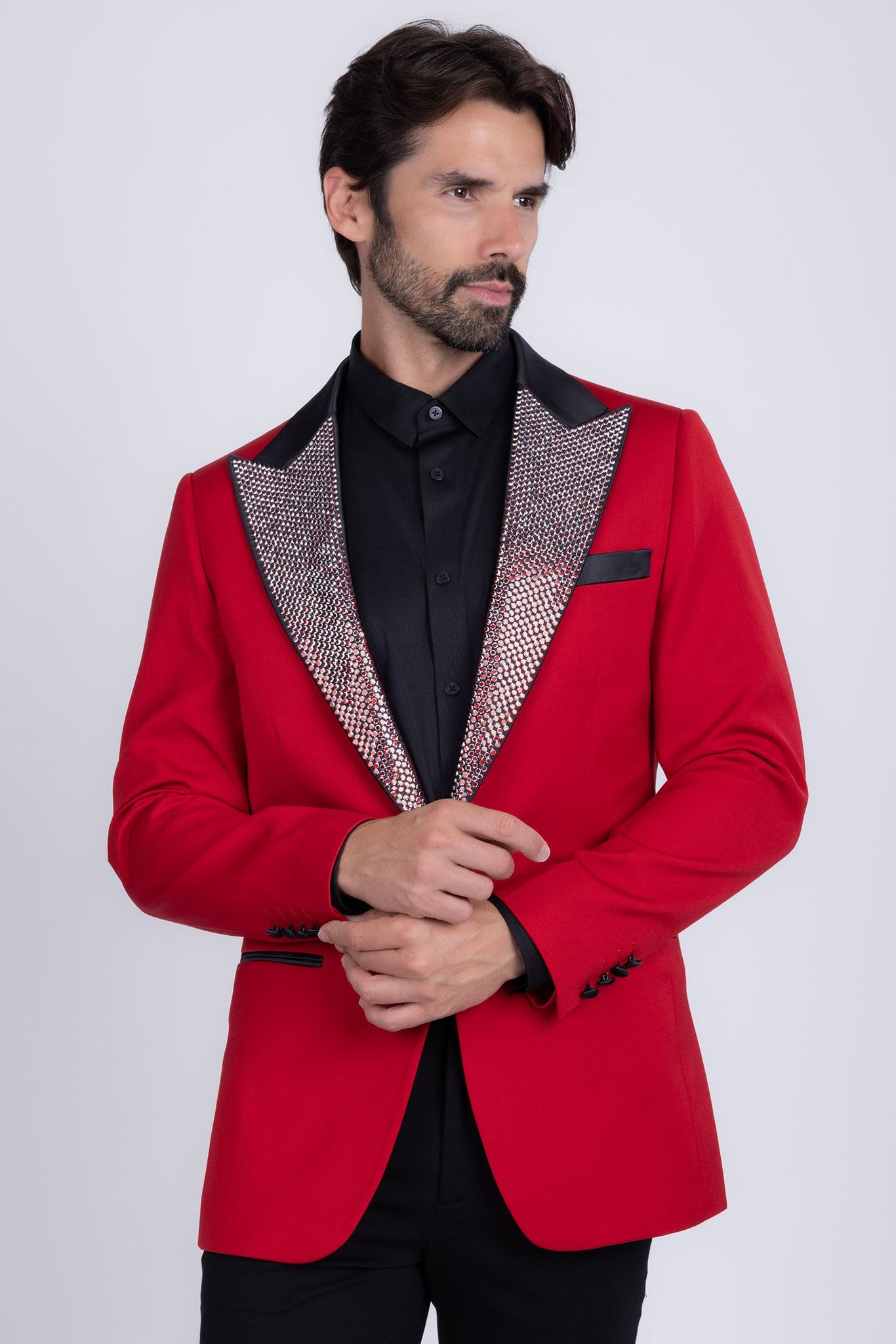 Barabas Wholesale Men's Rhinestone Geometric Design Peak Lapel Blazer 5BL12 Red