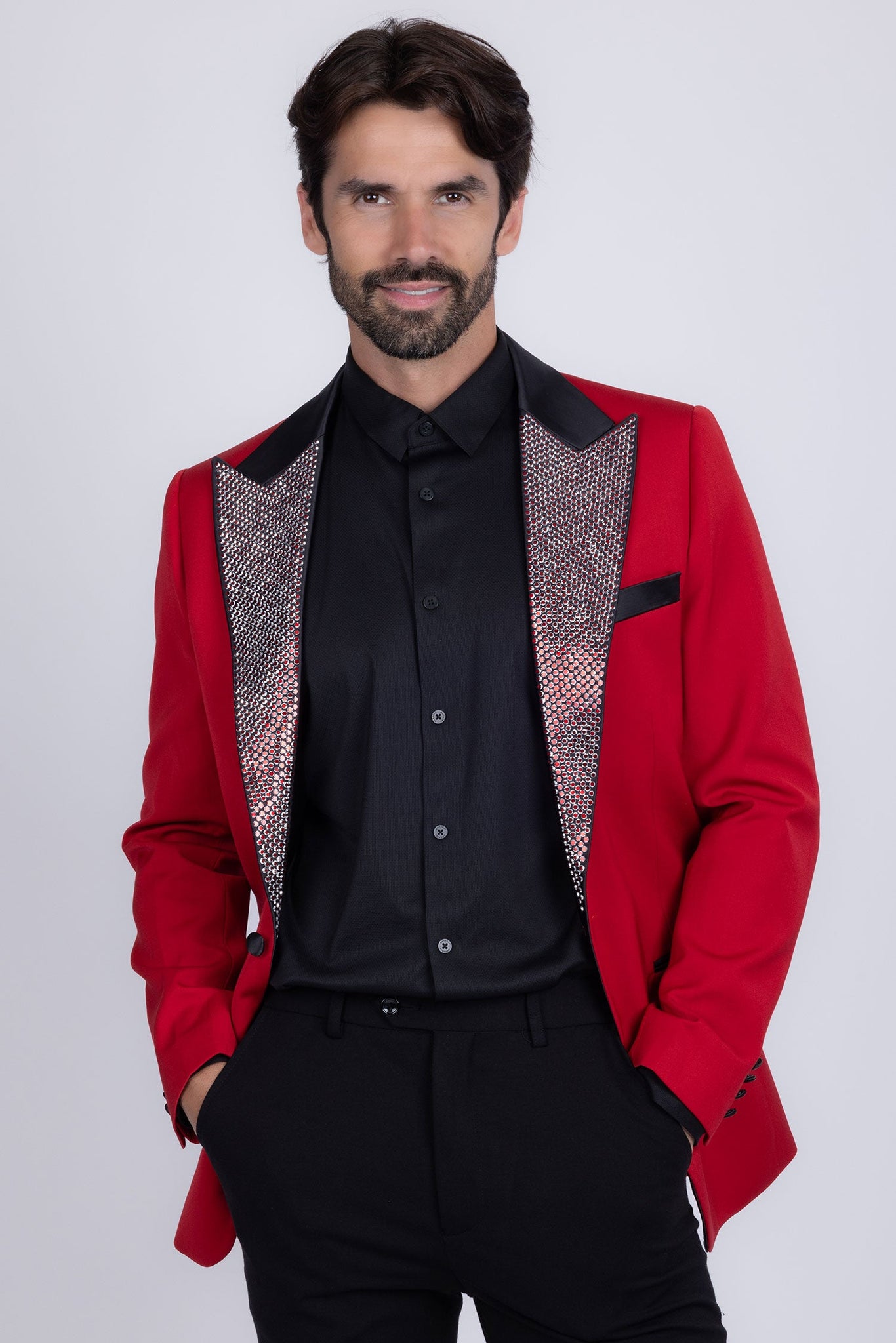 Barabas Wholesale Men's Rhinestone Geometric Design Peak Lapel Blazer 5BL12 Red