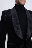 Barabas Men's Rhinestones Velvet Shawl Lapel Floral Blazer 5BL15 Black