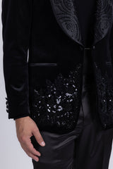 Barabas Men's Rhinestones Velvet Shawl Lapel Floral Blazer 5BL15 Black